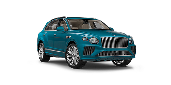Automobile Nemeth AG Bentayga Azure luxury SUV front three quarter in Topaz Blue by Mulliner paint
